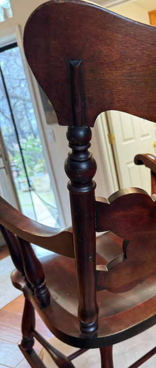 PRICE REDUCTION - WAS $145 ANTIQUE MAHOGANY ROCKER HAND-CARVED BACK     LOVELY RICH WOOD TONE VICTORIAN STYLE WITH SCROLLED ARMRESTS & CONTOURED SEAT IN EXCELLENT ANTIQUE CONDITION SOME WEAR TO SEAT AS PICTURED PICK UP IN STORE ONLY (KJS) RCD