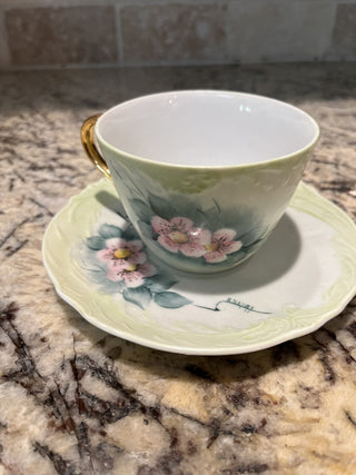 (30) Green with Pink Flowers Gold Trim Tea Cup & Saucer RCD