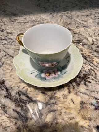 (30) Green with Pink Flowers Gold Trim Tea Cup & Saucer RCD
