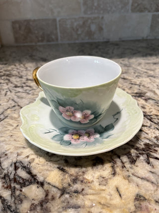 (30) Green with Pink Flowers Gold Trim Tea Cup & Saucer RCD