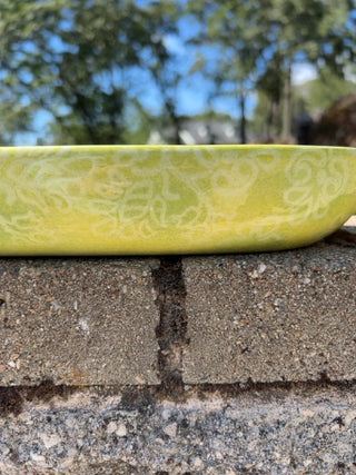 JP yellow, green oval-shaped BIA Cordon Bleu ceramic serving dish