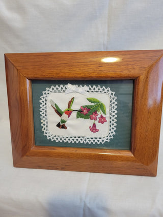 8x10 Framed Hummingbird Crewel Sampler RCD
