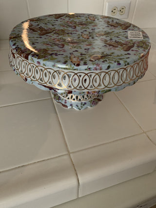 Jd-Vtg Cake plate porcelain w/gold trim, Floral birds MTS|88217