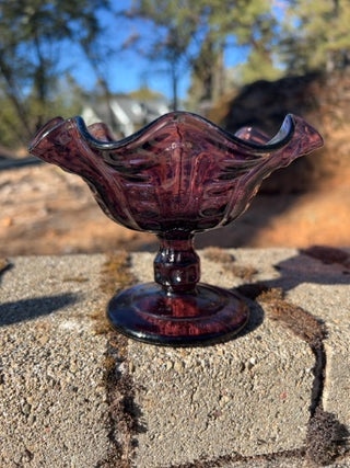 JP 4.5” Compote Bowl Coin Spot Thumbprint Amethyst Pedestal Ruffle Carnival Glass