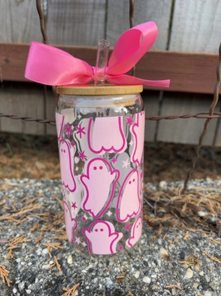 NEW Pink Ghost Glass Tumbler with Engraved Name Bamboo Lid and Glass Straw