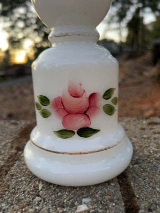 vintage boudoir lamp hand-painted pink rose designs on white milk glass