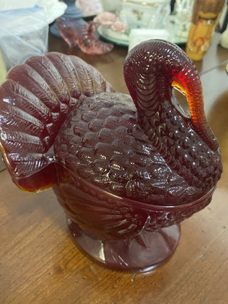 L.E. Smith ruby red Amberina turkey candy dish rcd