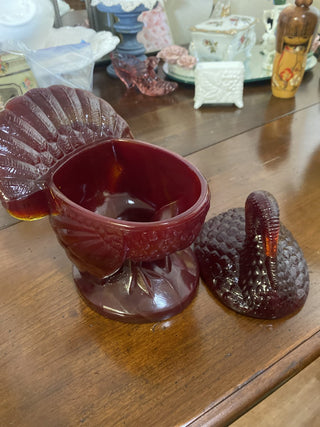 L.E. Smith ruby red Amberina turkey candy dish rcd