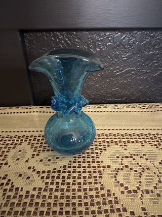 Vintage Rainbow Made Blue Crackle Glass Vase -RCD|71843