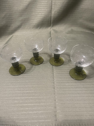 Vintage clear, glass, 4 green stem, etched glasses rsv