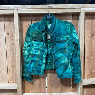 "Live a Little" brand Size Med. Teal multi tie dye jean jacket|50359