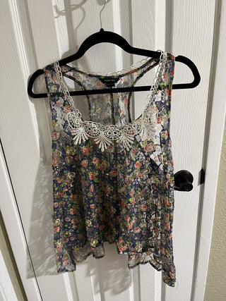 Sheer Women's Sleeveless Floral Blouse with Lace, Size Large RCD