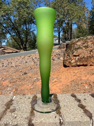 vintage art glass vase featuring a frosted green gradient body and a clear glass foot