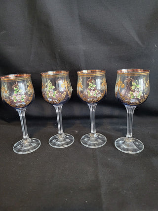 Vtg Bohemian Blue & Clear w/Enamel & Gold Goblets - Set of 4 RCD