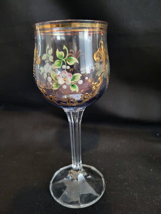 Vtg Bohemian Blue & Clear w/Enamel & Gold Goblets - Set of 4 RCD