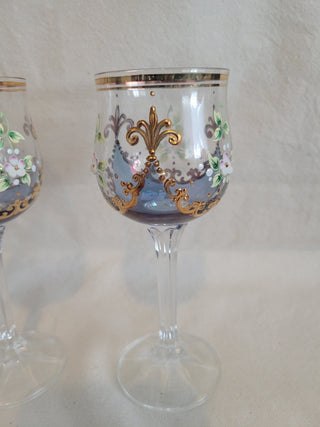 Vtg Bohemian Blue & Clear w/Enamel & Gold Goblets - Set of 4 RCD