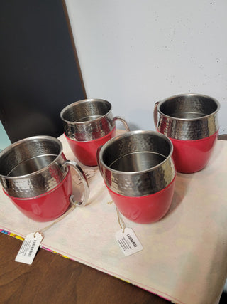 Vtg Hammered Moscow Mule Mugs Red & Silver Set of 4|54072