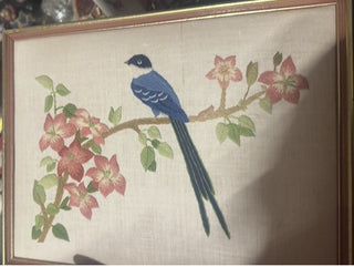 Vintage Framed Hand-stitched Crewel Embroidery Bluebird in Tree Blossom #62 VV MTS