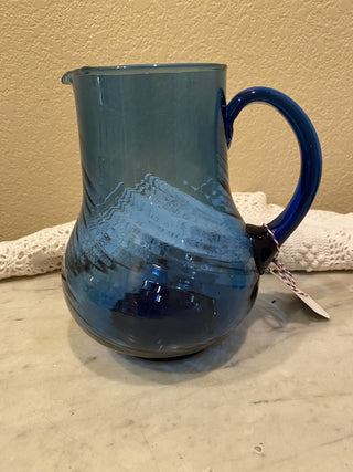 Cobalt blue art swirled glass pitcher and 2 glasses RCD|118424