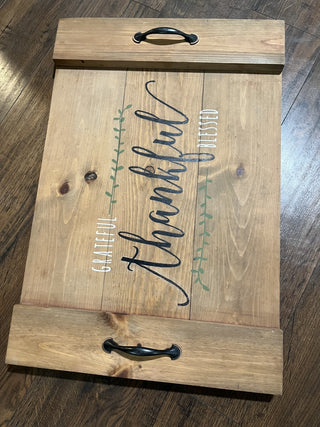 Handmade Grateful, Thankful, Blessed Wooden Serving Tray w/Handels RCD|121522