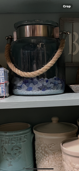Heavy Blue Glass Nautical Jar Rope Handle, Filled w/Sea Glass - RCD|95891