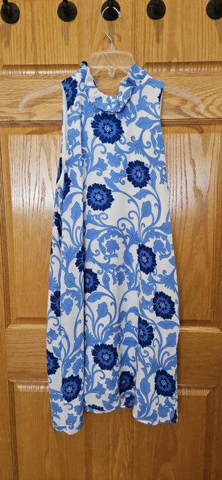 Dress, blue & white, sz M, Gibson brand, side pockets, sleeveless, back sash, RSV