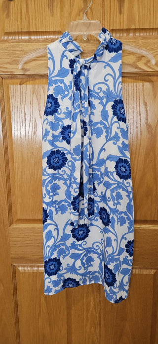 Dress, blue & white, sz M, Gibson brand, side pockets, sleeveless, back sash, RSV