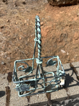 12F Verdigris metal wine carrier ivy basket RSV|89755