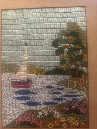 Vintage Yarn Ocean sail boat Barn Framed Art Crewel #62 VV MTS|66100