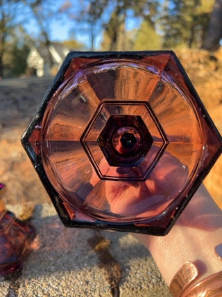 JP SET OF 2 vintage amethyst purple pressed glass hexagonal column candlestick holders 10”