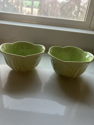 Set of 2 Olfaire Majolica Green Cabbage Leaf Bowls Portugal Glazed 3" -RSV