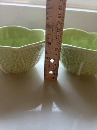 Set of 2 Olfaire Majolica Green Cabbage Leaf Bowls Portugal Glazed 3" -RSV