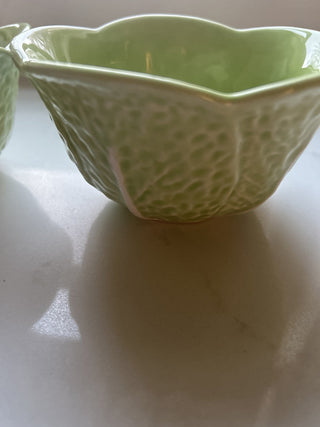 Set of 2 Olfaire Majolica Green Cabbage Leaf Bowls Portugal Glazed 3" -RSV
