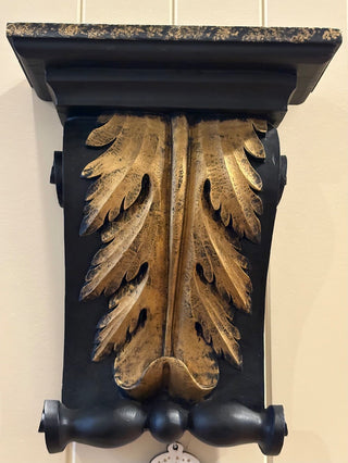 Regency Style floating Shelf w/leaf design, resin/wood,black/gold, 12"x9"