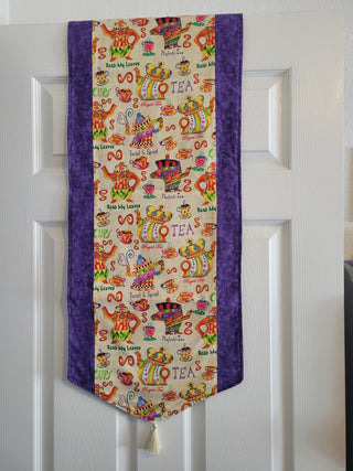 Table Runner 14x74" Purple Edge w/Tea Pot & Cups Fabric RCD