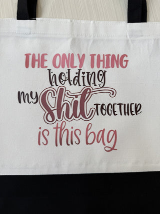 Large White Reusable Zippered Canvas Tote Bag Holding My Shit Together RCD|81894