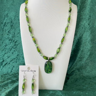 Necklace & earrings set, green dichroic oval pendant RSV