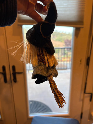 Vtg. German Good Luck Witch - wood head, straw hair, broom? RCD|118454