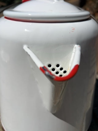 Vintage Extra-Large Enamel Ware Cowboy Coffee Pot Kettle Large Cowboy Camp Fire White Red