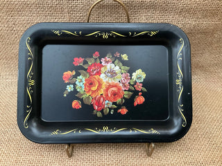 Set of 4 metal trays black w floral print 61/2”