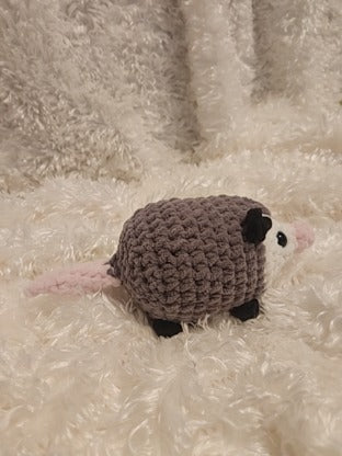 Opossum: Crocheted gray, black, white, pink. 8 inches.