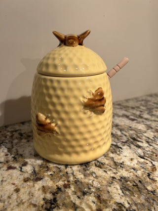 Stoneware Honey Jar with Lid and Wood Honey Dipper  MTS|75297