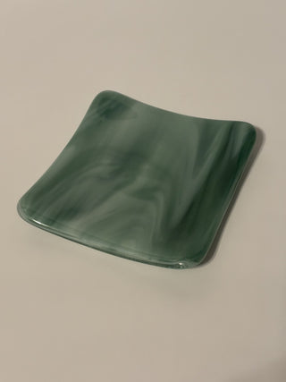 Fused Glass Sage Green 4" Square Trinket Dish/Pillar Candle Holder - AnoGlass|52113