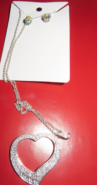 Rhinestone heart necklace w/post pierced earrings RCD