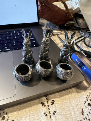 #62 VV 6 pcs Vintage pewter bunny rabbit & cabbage figurines figures MTS|62466