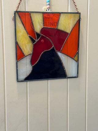 9"x 9" stained glass w/rooster head, red, black, yellow