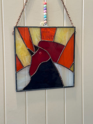 9"x 9" stained glass w/rooster head, red, black, yellow
