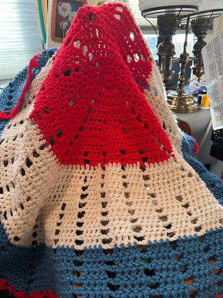 Hand Knitted red/white/blue table cover/throw 32"x32" RCD
