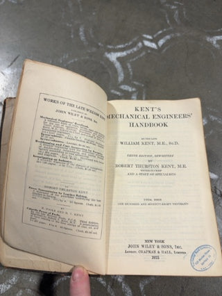 Antique Leather Book: Kent’s Mechanical Engineers’ Handbook 1923
