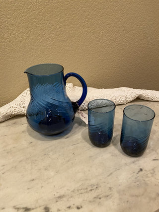 Cobalt blue art swirled glass pitcher and 2 glasses RCD|118425